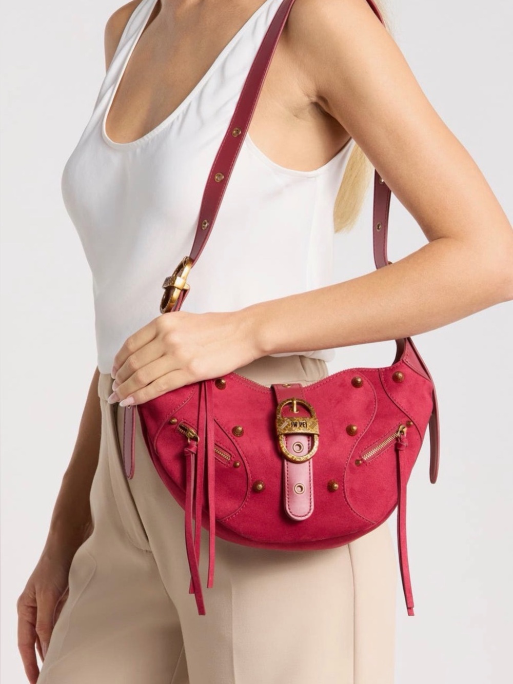 Tessa Suede Shoulder Bag - Deep Magenta